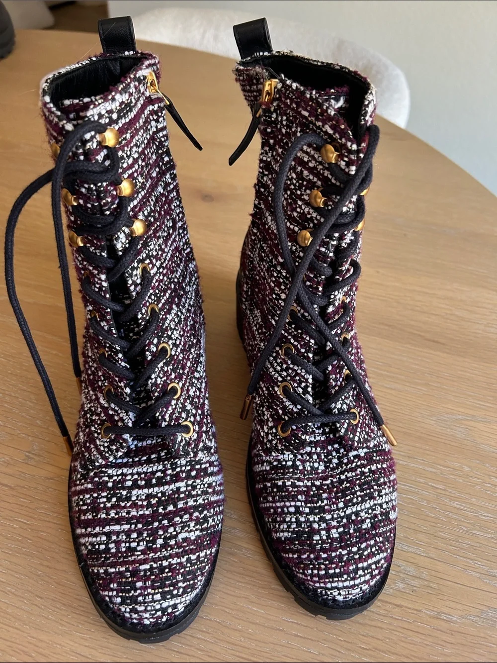 Tory Burch Miller Combat Tweed & Leather Lace Up Booties Burgundy/White 7.5 NWOT